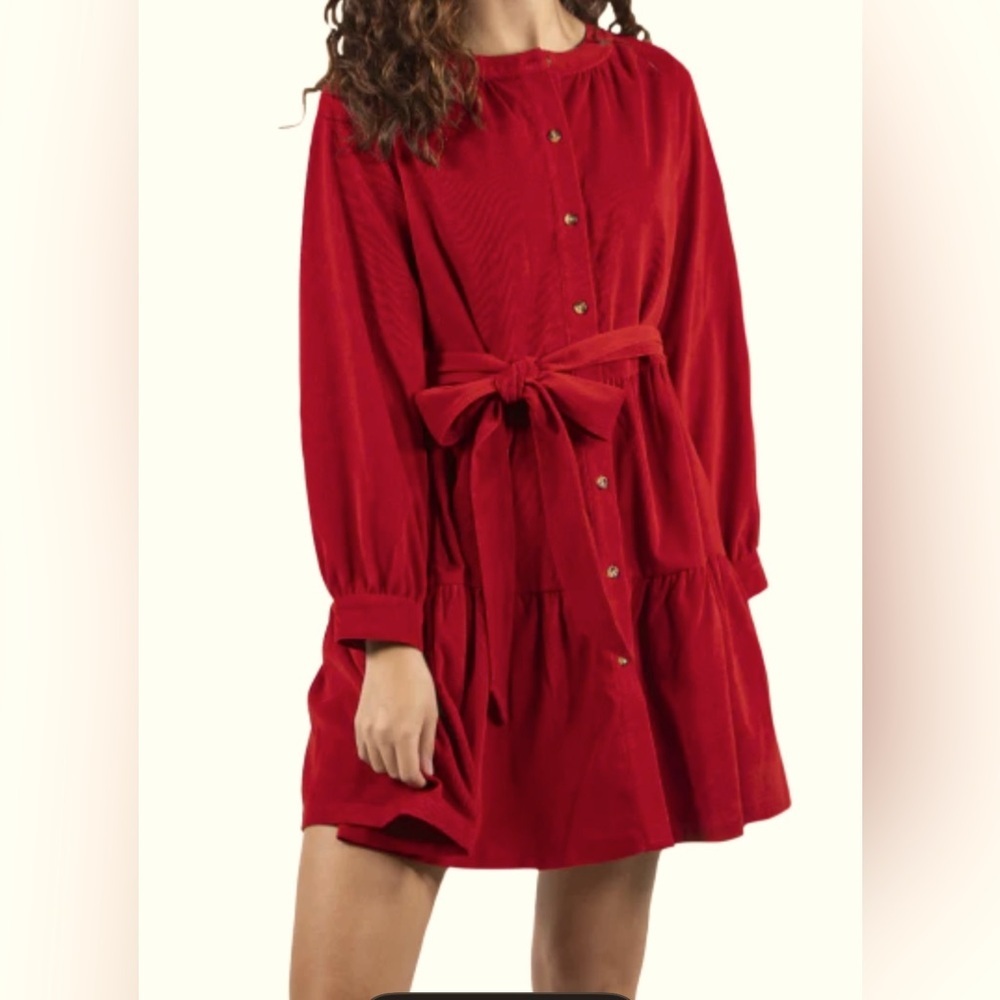 Simply Southern Red Corduroy Button Belted Tiered Mini Dress Sz XL